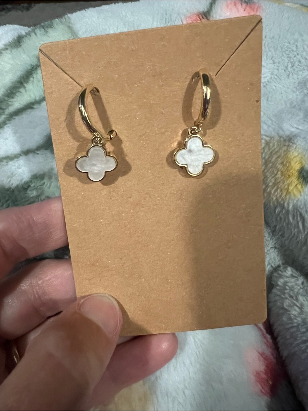 Gold Hoop Earrings with White Clover Charm